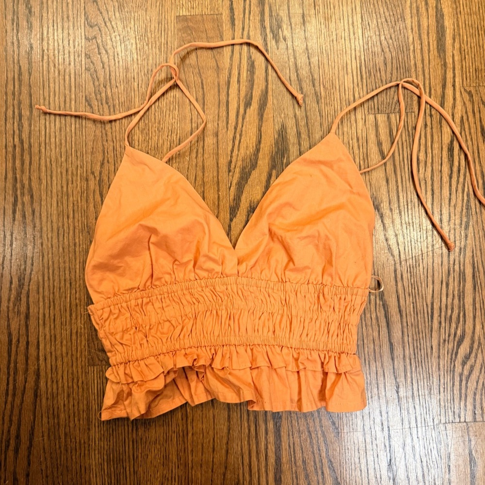 NWT Sim & Sam Halter Crop Top Smocked‎ Ruffle Cotton S Light Orange 51216BL